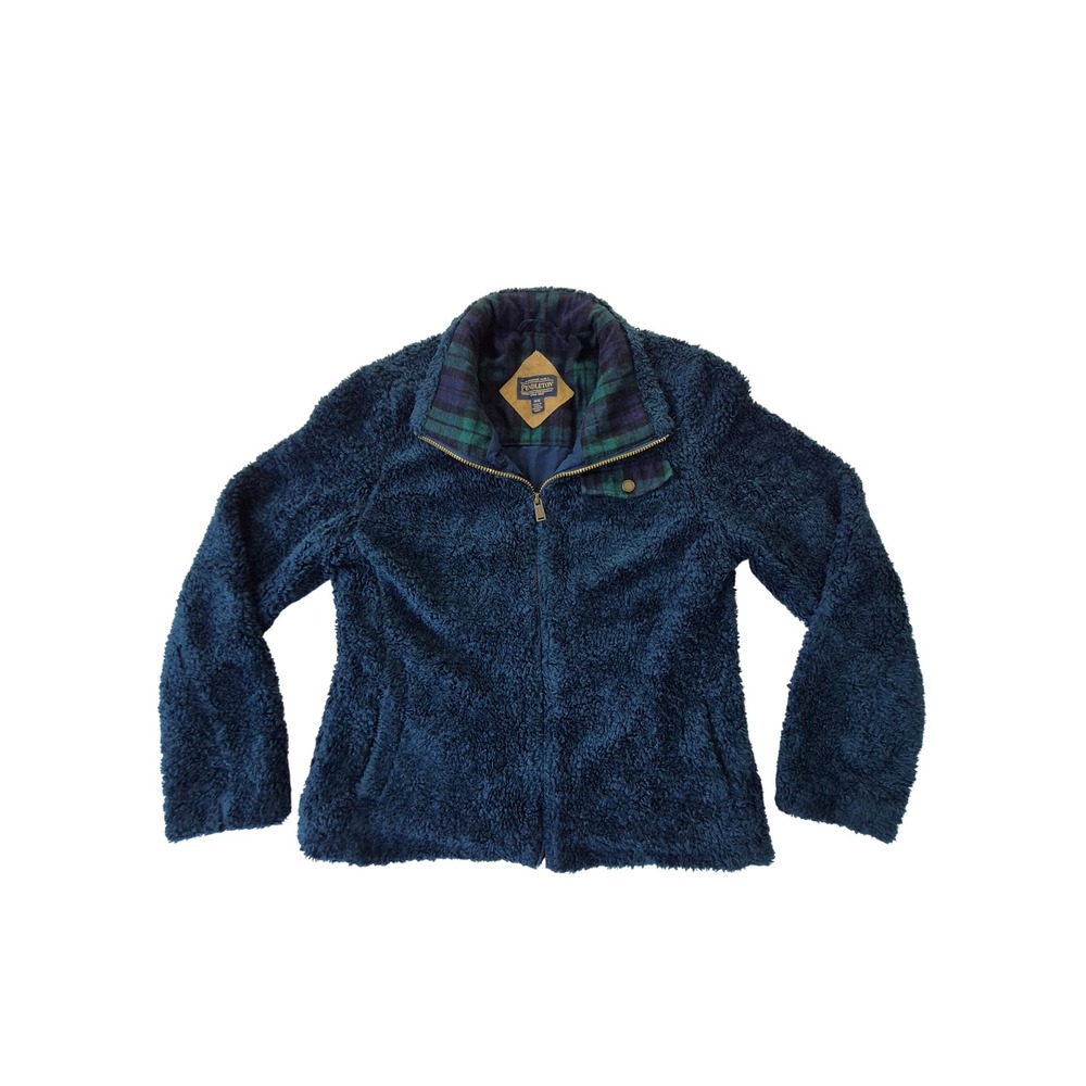 Pendleton Womens M High Pile Fleece Jacket Navy Blue Plaid Trim Full Zip